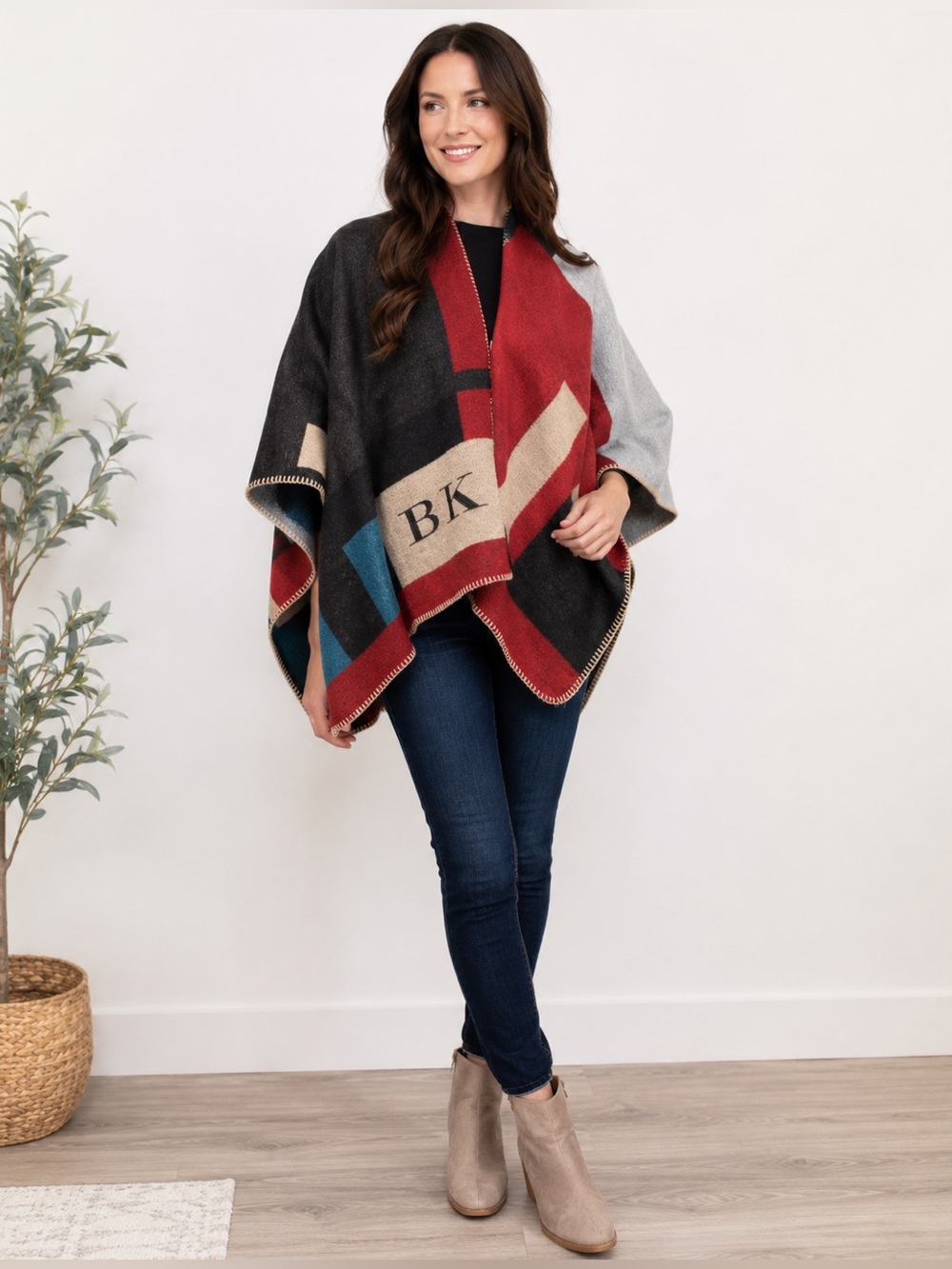 Multicolor Geometric Throw Poncho - Black, Red & Blue with “BK” Monogram